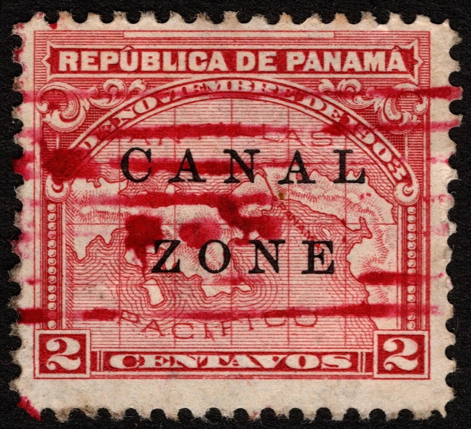 Canal Zone Stamp Scott # 10 - 2 Cents Rose Map Issue w/ Red Straight-Line Cancel - Image 1 of 1