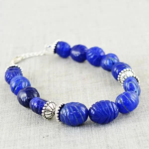 Genuine ENHANCED  Earth Mined Sapphire Oval Shape Carved Beads Bracelet - Picture 1 of 2