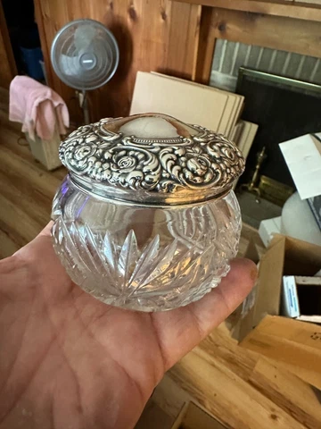 UNGER BROTHERS Sterling Silver Top ABP Cut Glass Powder Dresser Jar Art Nouveau Cover