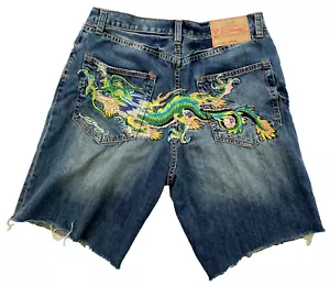 Pantaloncini jeans vintage ED Hardy uomo 36 Dragon Patch Y2K denim taglio ampio rari - Foto 1 di 7