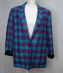 Vintage TanJay One Button Jacket Blazer Aqua Pink Black Plaid Womens 14 - Picture 1 of 8