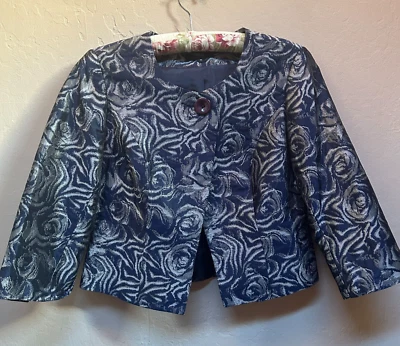 Chaqueta Blazer Tribal Mujer Talla 6 Metálica Azul Marino Plateada Floral Un Botón Foto 1 de 4