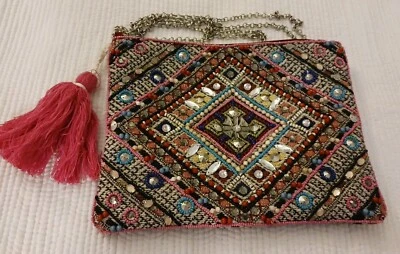 La Sera by Franchi Colorful Beaded Tapestry Clutch Crossbody Purse Bag w chain - Image 1 of 4