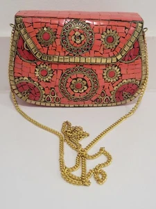 Indian art Handmade Multi color Stone mosaic metal bag Women/Girls Bridal clutch - Picture 1 of 16