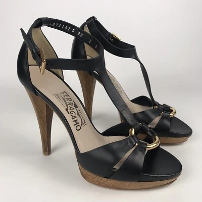 Salvatore FERRAGAMO Deniz Negro T-Strap Tacón de Aguja MUJERES Talla 6 - Negro/Madera Foto 1 de 4