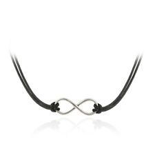 Sterling Silver Infinity Design Black Leather Necklace 
