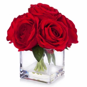 Silk Rose Artificial Flower Arrangement Centerpiece Cube Glass Vase Faux Water - Picture 1 of 13