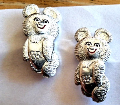 Moscow 1980 Olympics 2 Mascot Misha Metal Pins Silver color Teddy Bear Pin Back - Image 1 of 2
