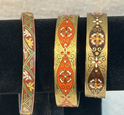 3 Pulseras Brazalete Brazalete Cloisonne Floral De Colección Esmalte Naranja Amarillo Dorado Marrón Foto 1 de 4