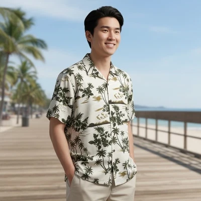 Camisa hawaiana vintage hecha en Hawaii XL estampado de palmeras para hombre crema con botones Foto 1 de 4