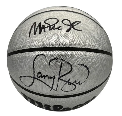 MAGIC JOHNSON LARRY BIRD SIGNED BASKETBALL NBA WILSON PLATINUM RARE BECKETT COA - Image 1 of 4