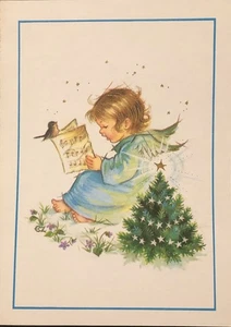 Tarjeta de felicitación de Navidad de colección pequeño ángel pájaro cantando invierno copos de nieve árbol - Imagen 1 de 2