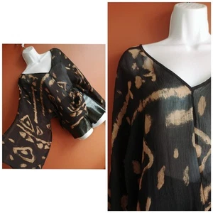 Vintage 90s black brown tribal print sheer kaftan tunic top blouse 14 16 XL - Picture 1 of 6