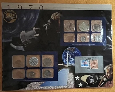 Conjunto de monedas y estampillas postales conmemorativas de la sociedad 1970 P/D sin circular Foto 1 de 4