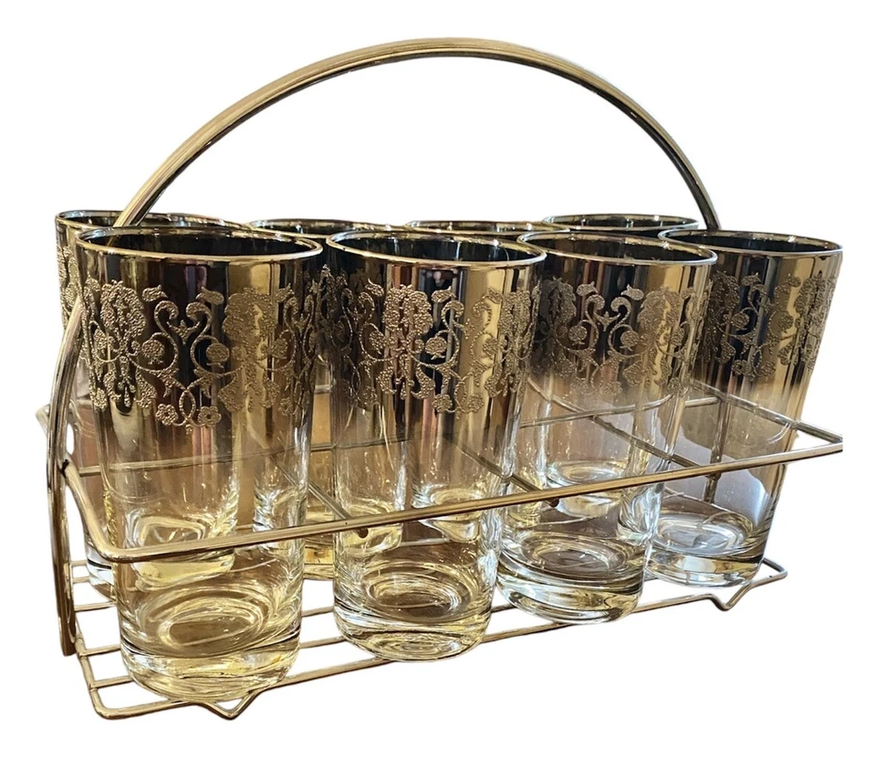 De Colección MCM Floral Esmerilado Plata Ombre Mercury Collins Highball Gafas Metal Caddy Foto 1 de 4