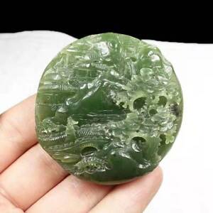 Chinese Exquisite Green HeTian Jade Jasper Hand Carved Old Man Pine Tree Statue