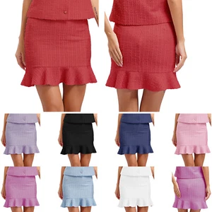 Women Tweed Ruffled Hem Pencil Skirt High Waist Bodycon Mini Costume Party - Picture 1 of 109