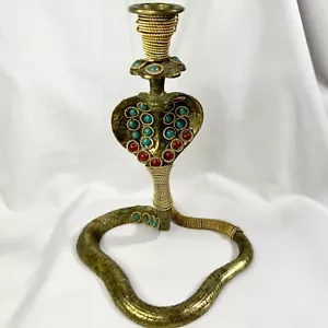 Vintage King Cobra Snake Brass Candlestick Holder Engraved 1960s Intricate - Picture 1 of 10