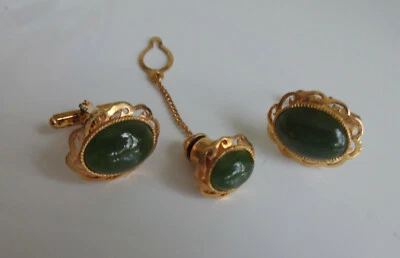 Juego de tachuelas de corbata de jade nefrita natural imperial tallada a mano vintage para hombre Foto 1 de 4