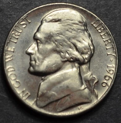 1966 P UNCIRCULATED JEFFERSON NICKEL FROM A SEALED BANK ROLL BUSINESS STRIKE #17 - Image 1 of 2