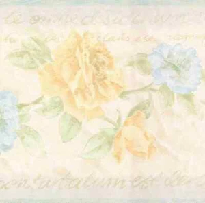 WALLPAPER BORDER BLUE YELLOW ROSES WRITING 511B03526 - Picture 1 of 2