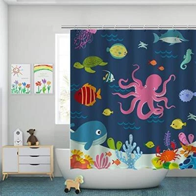 Cortina de ducha de 72x72 pulgadas niños océano bajo el mar animales decoración de baño 12 ganchos Foto 1 de 4