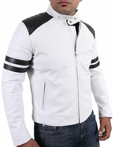 Men's White Leather Jacket 100% Real Leather Stylish Biker Cafe Racer Jacket - Picture 1 of 7