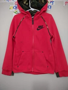 Nike Tech Fleece Jacket Boys 6 Red Zip Hoodie Raglan Contrast Camo Active Walk - Picture 1 of 20