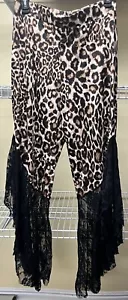 Venus Leopard Print with Black Lace Bell Bottom Pants Women's Size Medium New - Picture 1 of 10