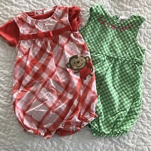Carter's Just One You Girl Baby Red & Green Plaid Rompers 6 Mo. Monkey Lot of 2