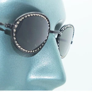 Petite Oval Beaded Frame Sunglasses Sun Shades Silver on Black Metal - Picture 1 of 4