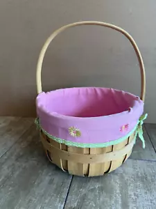 Pink and Green Flower Embroidered Lined Wooden Easter Basket - Picture 1 of 3