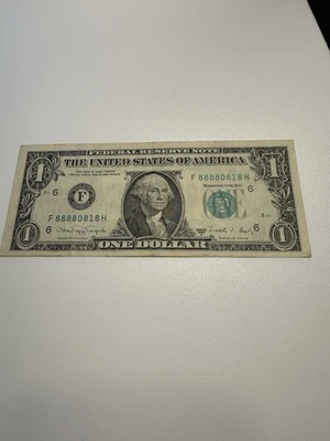 Billete de un dólar 1988 (6 de su clase) número de serie elegante 88880818 Foto 1 de 4