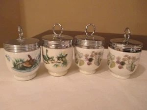 Set 4 Royal Worcester Porcelain Egg Coddlers & Lids 1 w/DENT  2-Bird 2-Berry - Picture 1 of 12