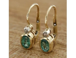 4Ct Oval Cut Lab Created Emerald Vintage Dangle Earrings 14K Yellow Gold Finish - Picture 1 of 6