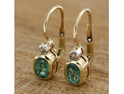 4Ct Oval Cut Lab Created Emerald Vintage Dangle Earrings 14K Yellow Gold Finish - Image 1 of 4