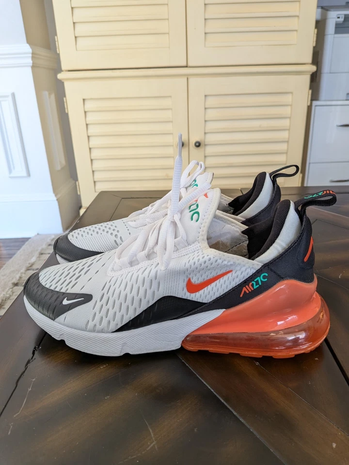  Nike Air Max 270 GS tamanho 7Y/feminino 8.5 branco/laranja relvado 943345-107 - Imagem 1 de 4