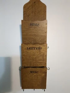 Vintage Wood Brass Letter Bills Misc Key Hooks Holder Mail Organizer Wall Mount - Picture 1 of 5