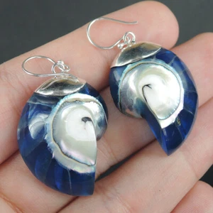 Pendientes concha Nautilus de plata de ley 925 color azul joyería, NSE-136 - Imagen 1 de 6