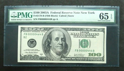 $100 2003 A, PMG 65. Very low serial 00000444. Binomial fancy, 4 repeater. UNC - Image 1 of 2