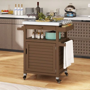 Solid Wood Grill Cart Prep Bar Cart Storage Patio Table w/Stainless Steel Top - Picture 1 of 10