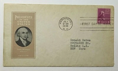 1938 FDC Presidents of the United States James Madison Ioor Cachet 4c Scott #808 - Image 1 of 2