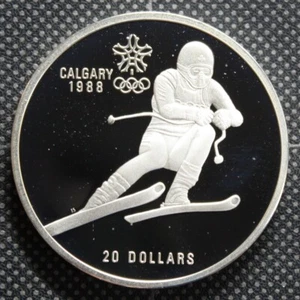 1988 PROOF Calgary Olympics Downhill Skiing Sterling Silver 1 Ounce Coin Canada - Picture 1 of 2