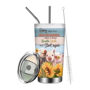 20oz Pig Tumbler, Every Day is A New Beginning Take a Deep Breath,Smile… - Picture 1 of 3