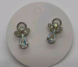 Angel Stud Earrings Silver Tone Rhinestone Iridescent  - Picture 1 of 7