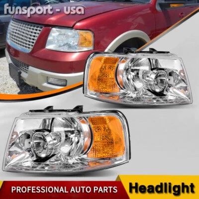 Headlights For 2003-2006 Ford Expedition Chrome Housing Headlamps W/Blubs LH+RH - Image 1 of 4