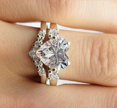 2.50Ctw Heart Cut Lab-Created Diamond Engagement Rings Set 14K White Gold Plated - Image 1 of 4