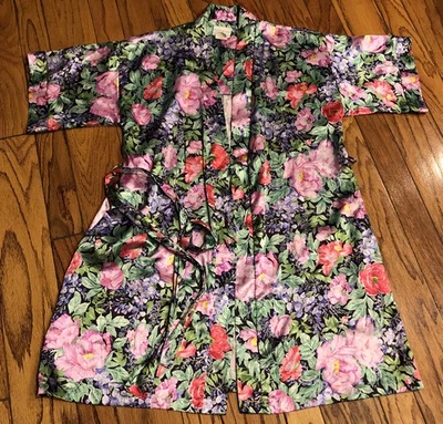 Gillian & O’Malley L XL Short Satin Robe Floral Print Pink green black pockets - Image 1 of 4