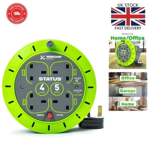 4 Socket Heavy-Duty Cable Reel with 5m Green Extension Lead for Safe Powering - Picture 1 of 8