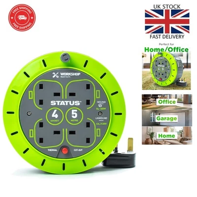 4 Socket Heavy-Duty Cable Reel with 5m Green Extension Lead for Safe Powering - Image 1 of 4